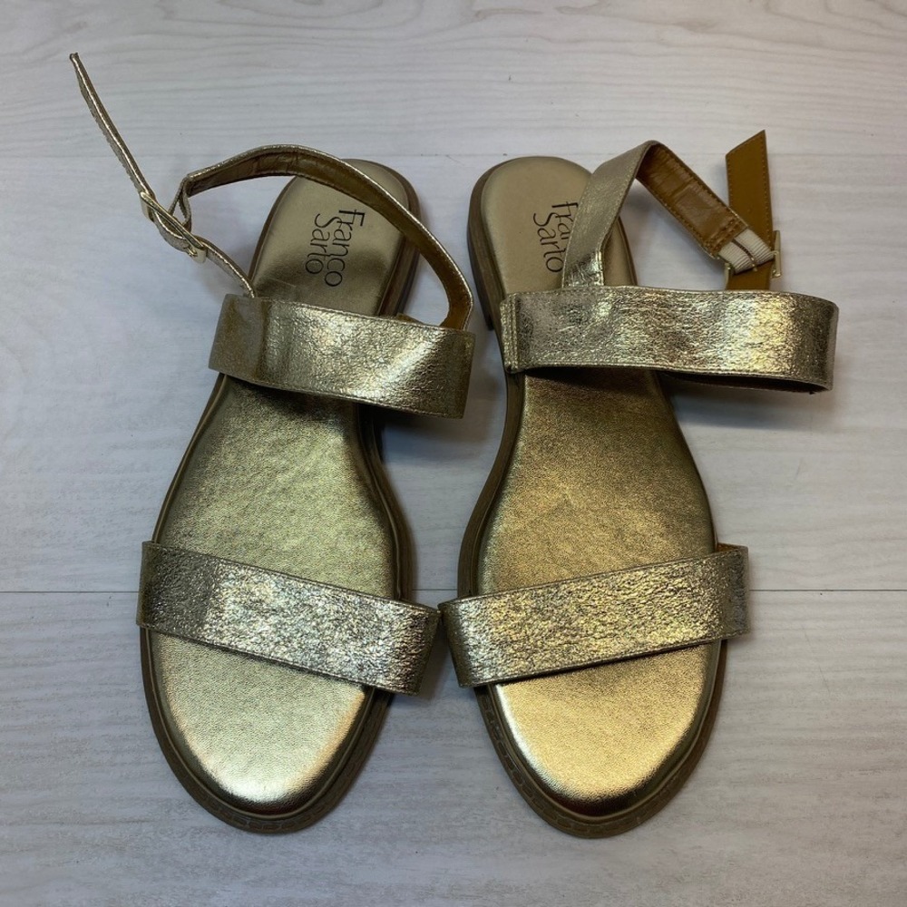 Franco Sarto Womens 12M Flat Sandals Velocity Metallic‎ Gold Strappy Ankle Strap